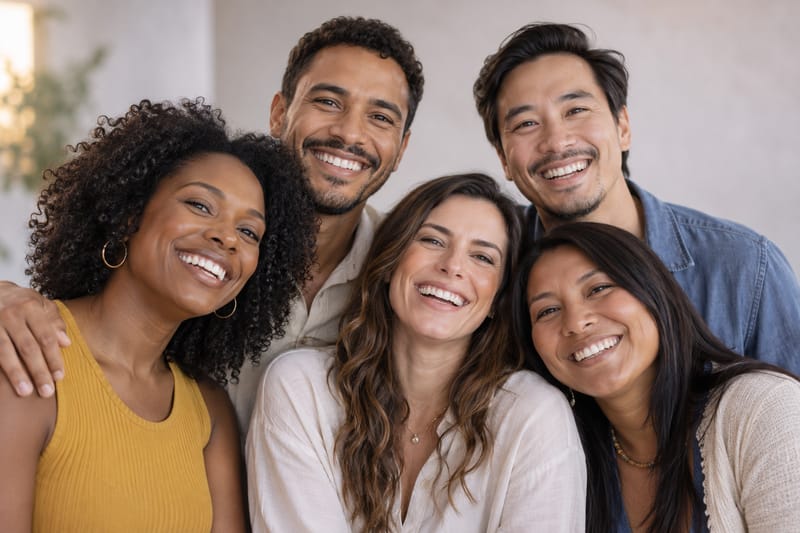 Cinco amigos adultos de diferentes etnias sorrindo juntos